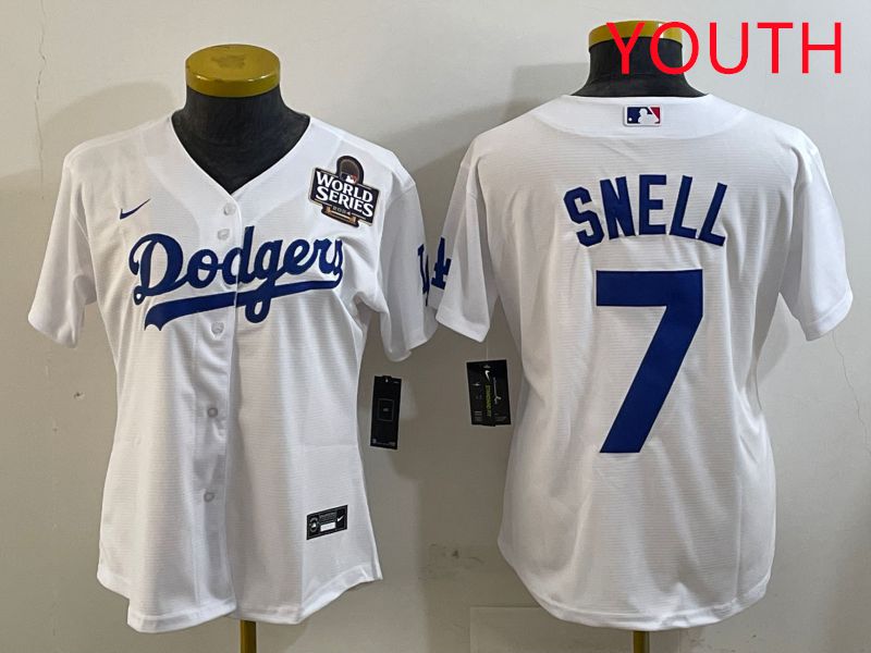Youth Los Angeles Dodgers #7 Snell White Game 2025 Nike MLB Jersey style 3